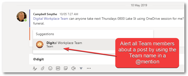team mention in converation to create a notification
