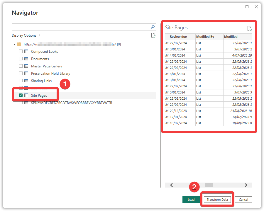 Step 3 - connect to SharePoint site pages library transform data