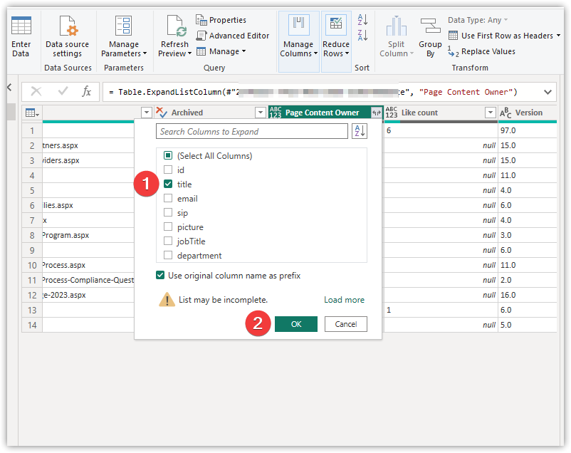 choose title - power bi table shows list not persons name