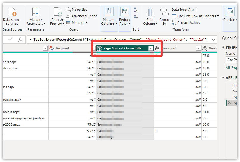 rename column by double clicking - power bi table shows list not persons name