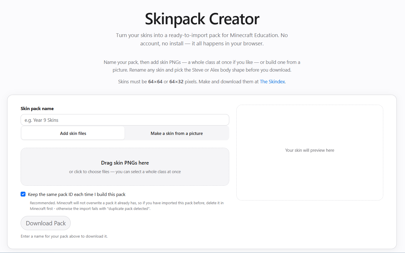 skinpac-minecraft-creator Minecraft custom skin mcpack creator